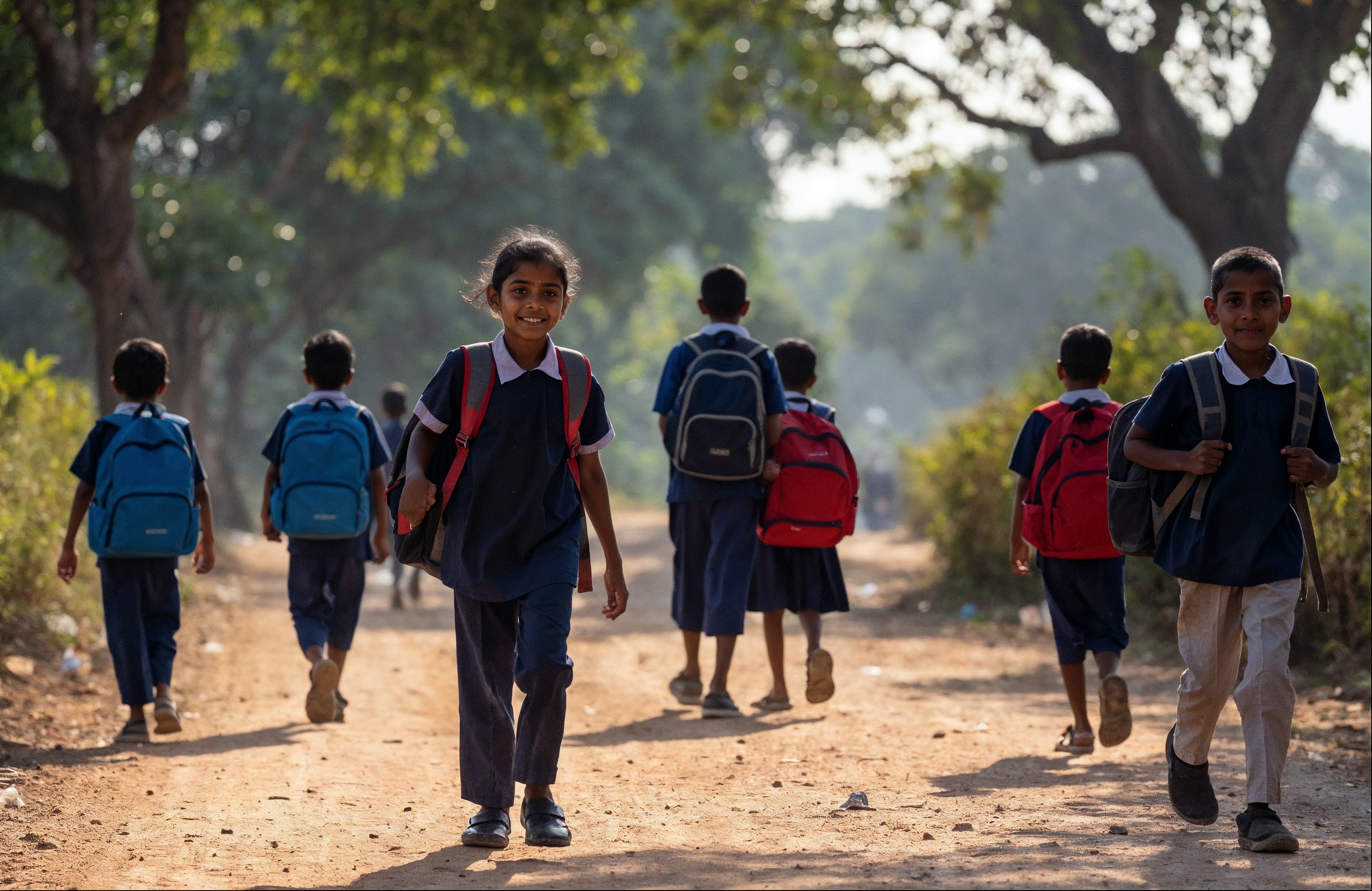 Children Walking to School — PASALA Foundation India Indian children in school uniforms walking on rural village road in morning sunlight