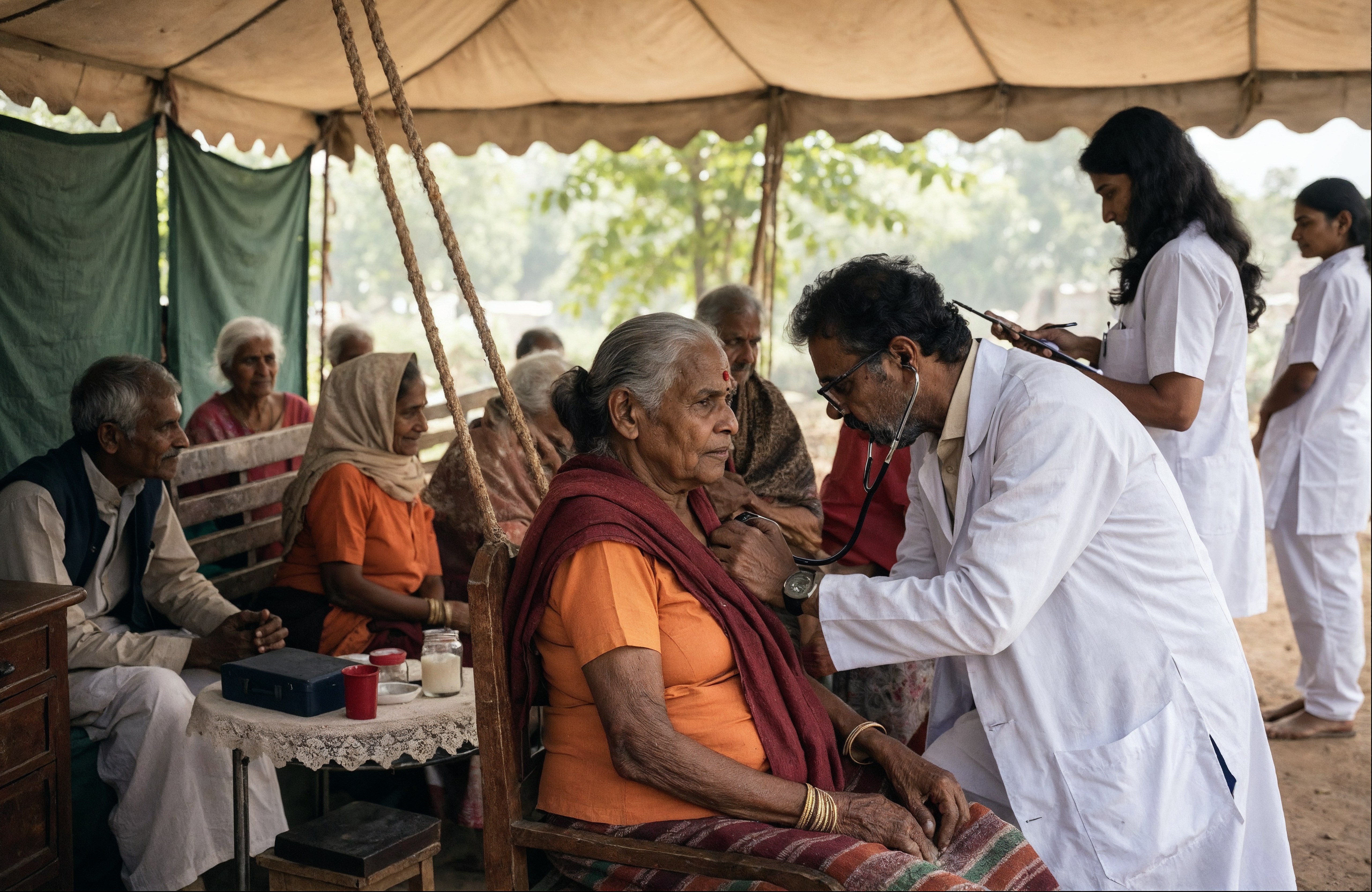 Community Healthcare India — PASALA Foundation Indian doctor treating elderly patients at rural medical camp — PASALA Foundation